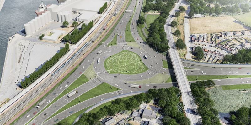 Toekomstbeeld van het turboverkeersplein op de R4 in Gentse haven