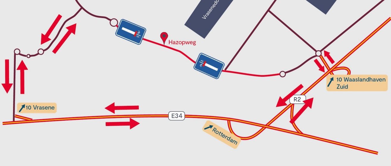 De omleidingsroute tijdens de werken aan de Hazopweg