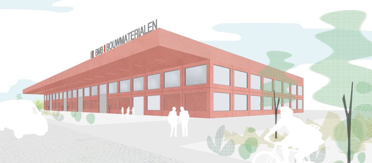 Concepttekening voor het nieuwe distributiecentrum van bouwmaterialengroep BMB