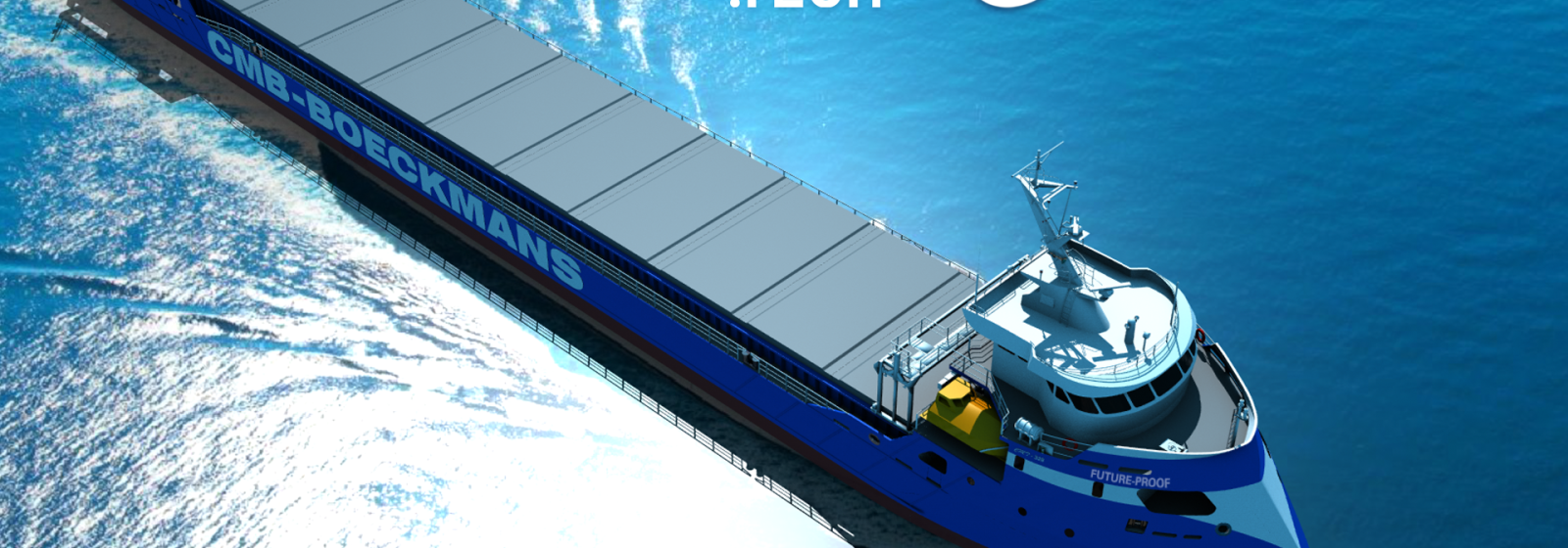 Een rendering van het waterstofaangedreven vrachtschip van 5.000 ton