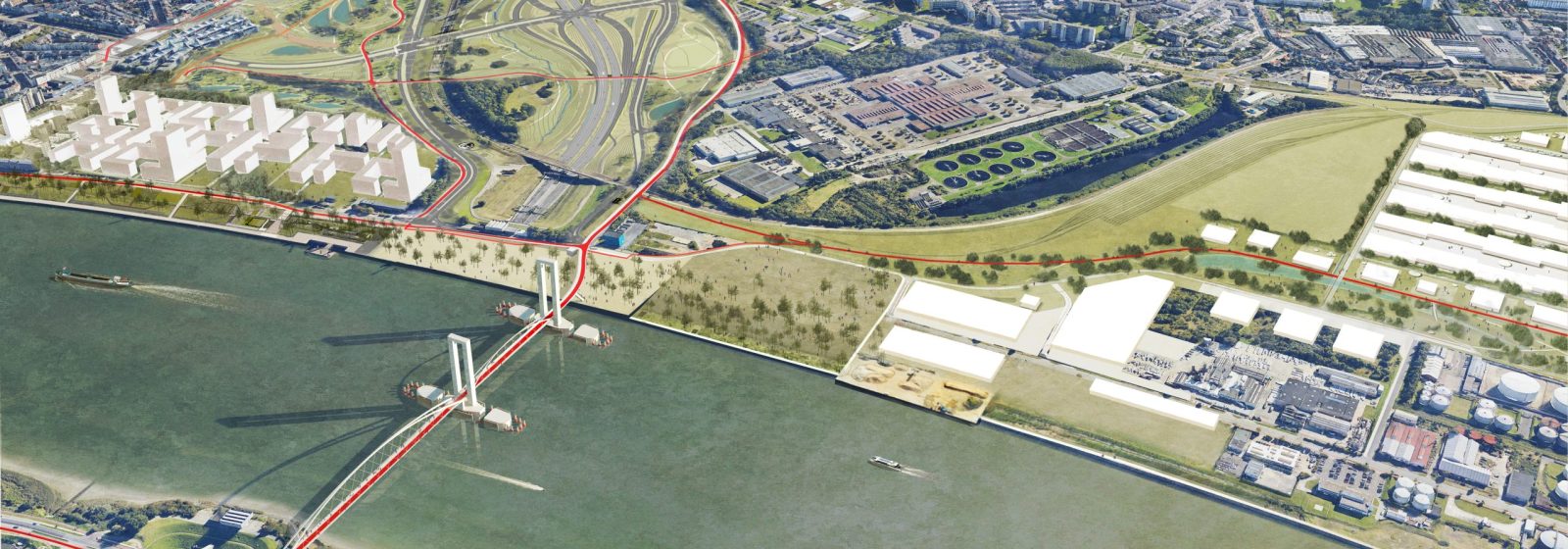 Rendering van de nieuwe fiets- en wandelbrug over de Schelde