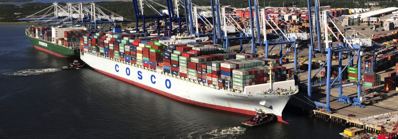 Het schip 'COSCO Development' (13.092 teu) in Charleston